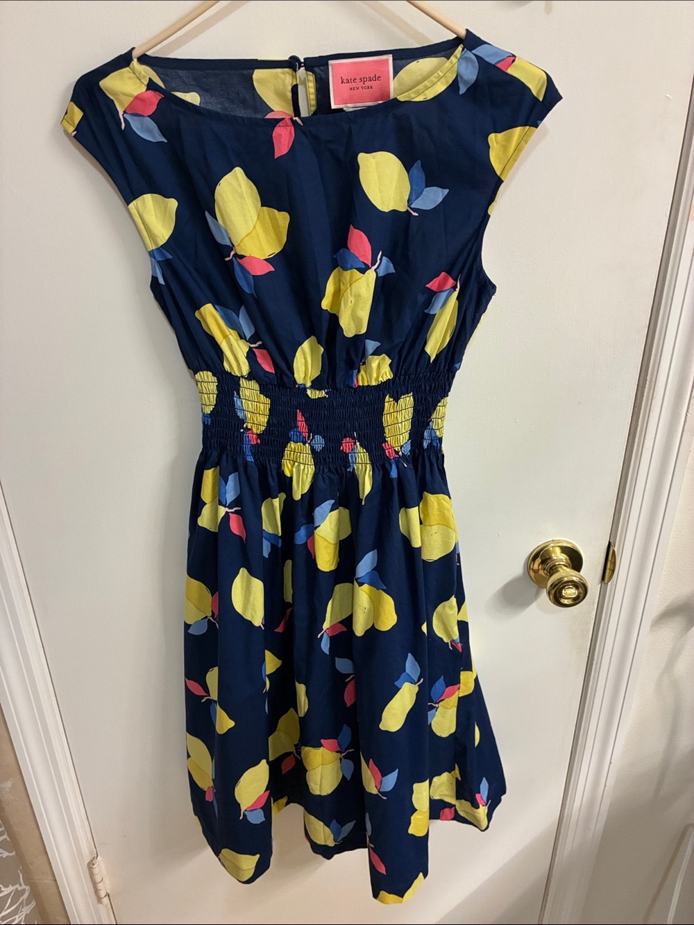 kate spade Navy Lemon-Print Smocked Waist Dress Sz 2-100% Cotton - Picture 2 of 11